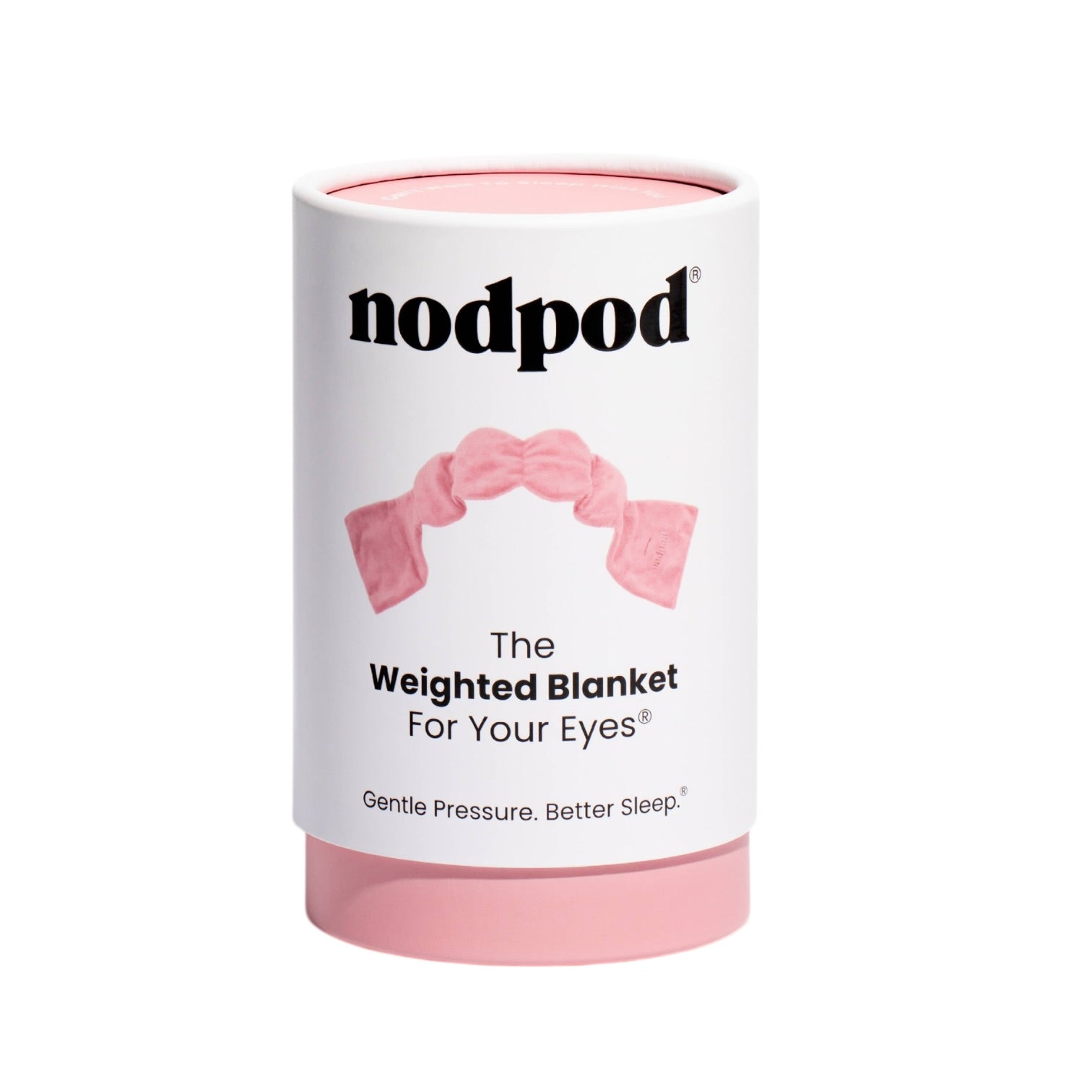 White cylindrical container with pink lid and pressure eye mask, featuring 'nodpod' branding.