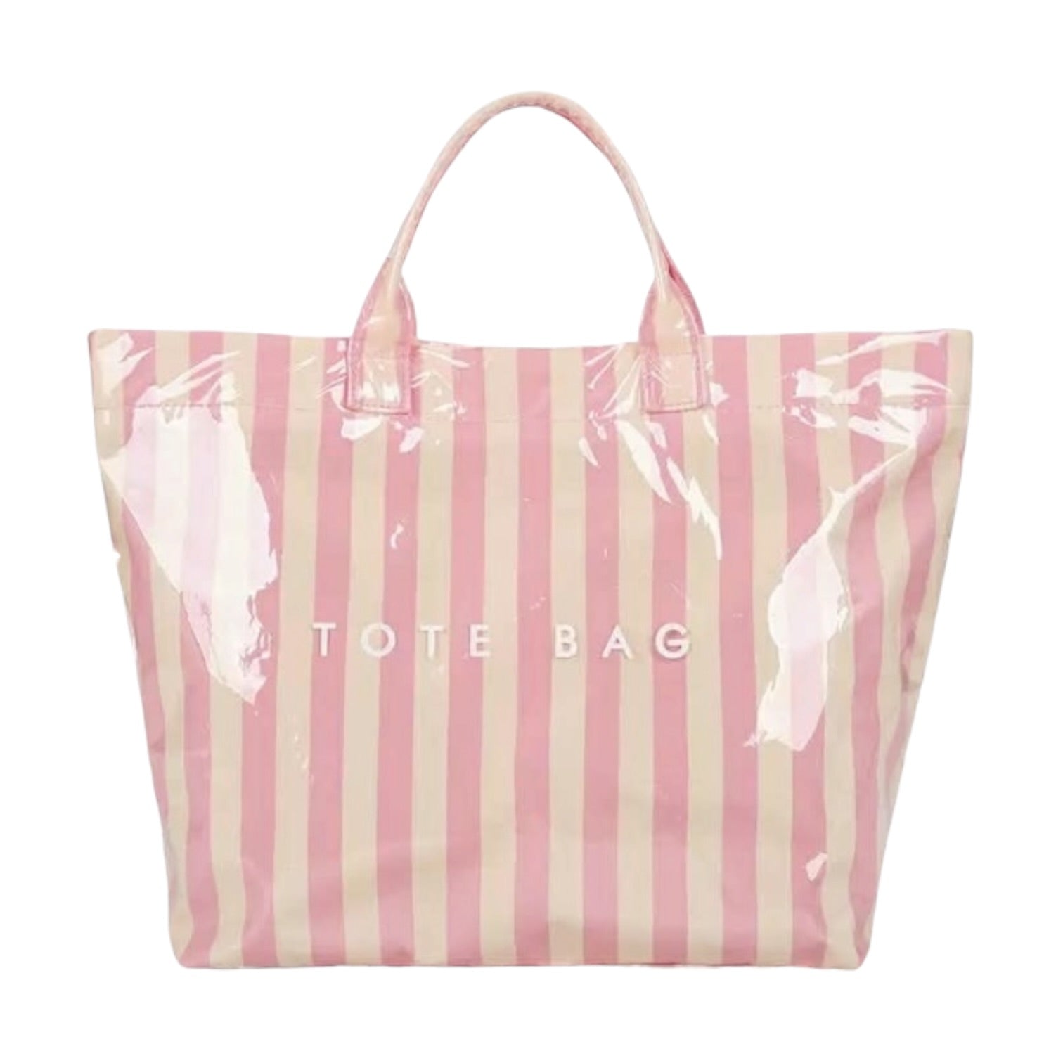 Striped tote bag with pink and white stripes on a white background