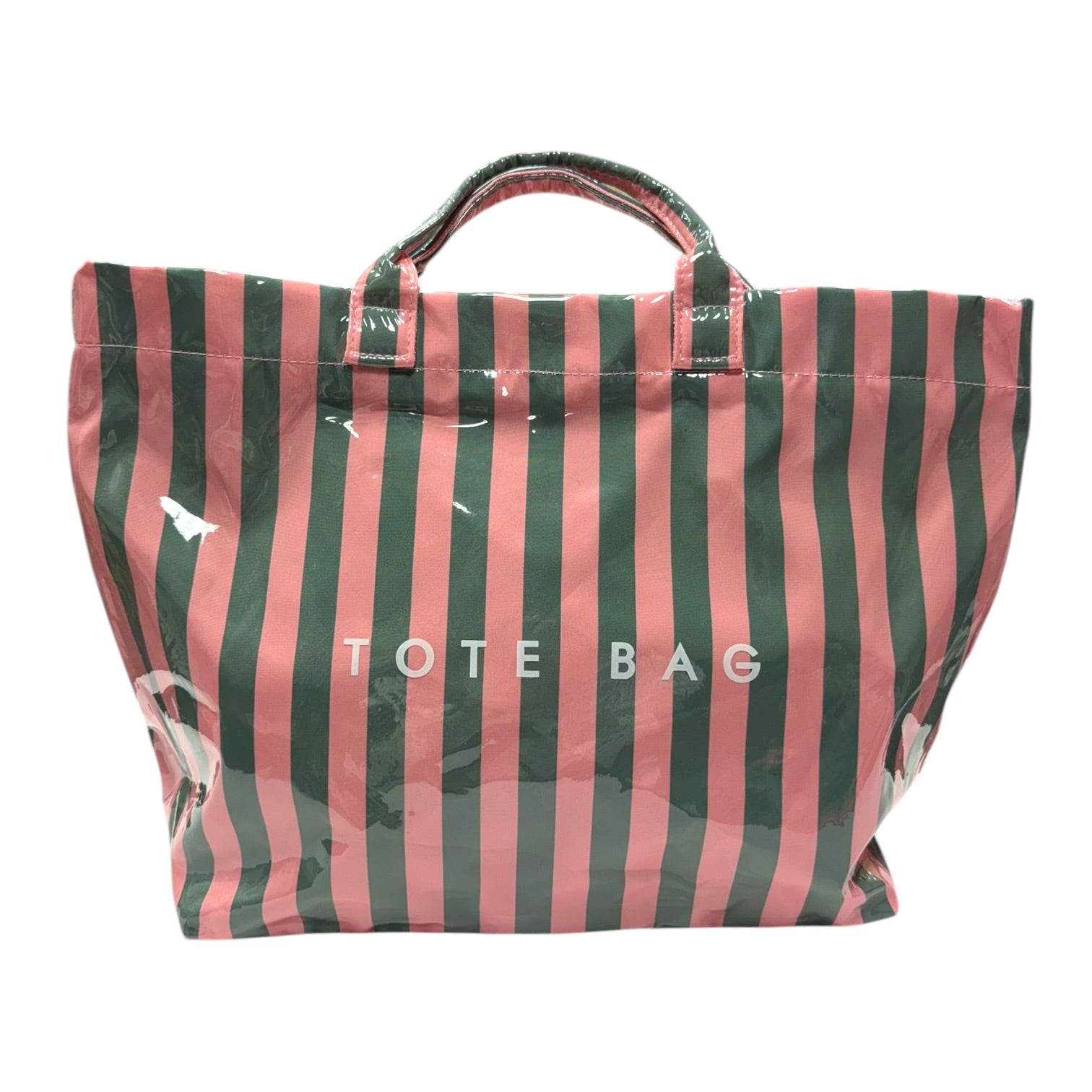 Striped tote bag with green and pink vertical stripes on a white background