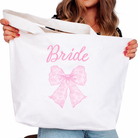 white tote with pink "Bride" and picture of pink bow