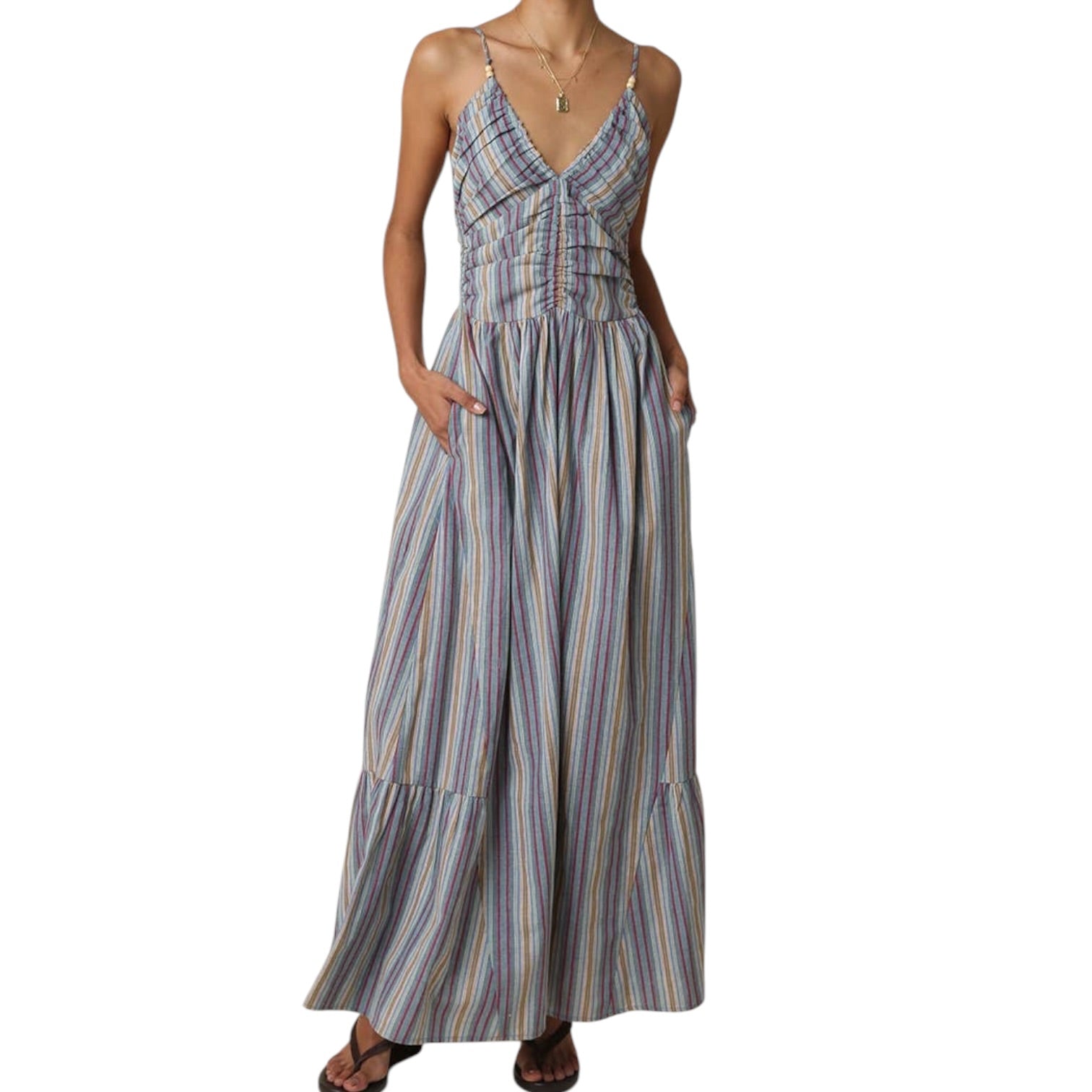 Long striped dress worn by a model on a white background
