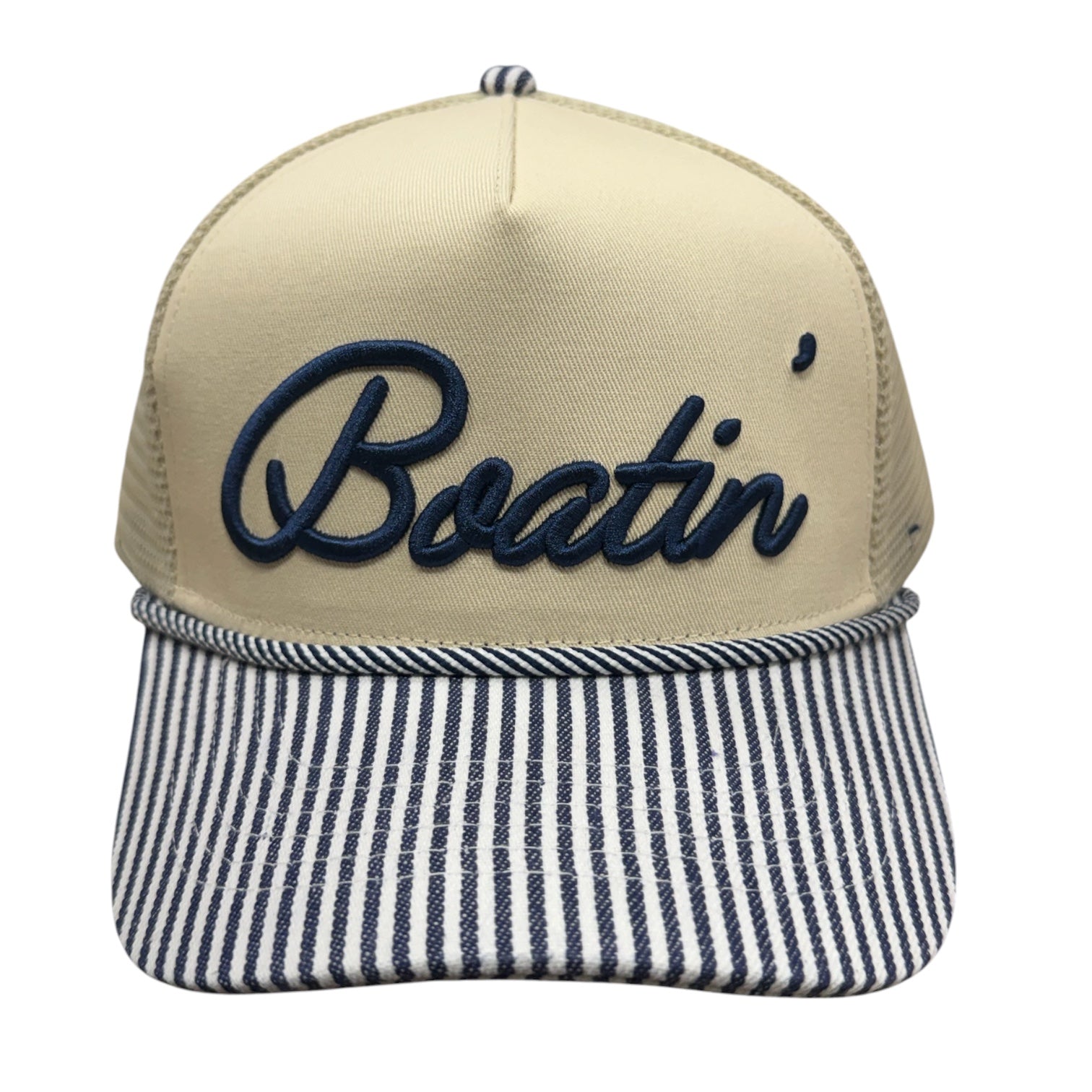 Beige cap with 'Boatin' embroidery and striped brim on a white background