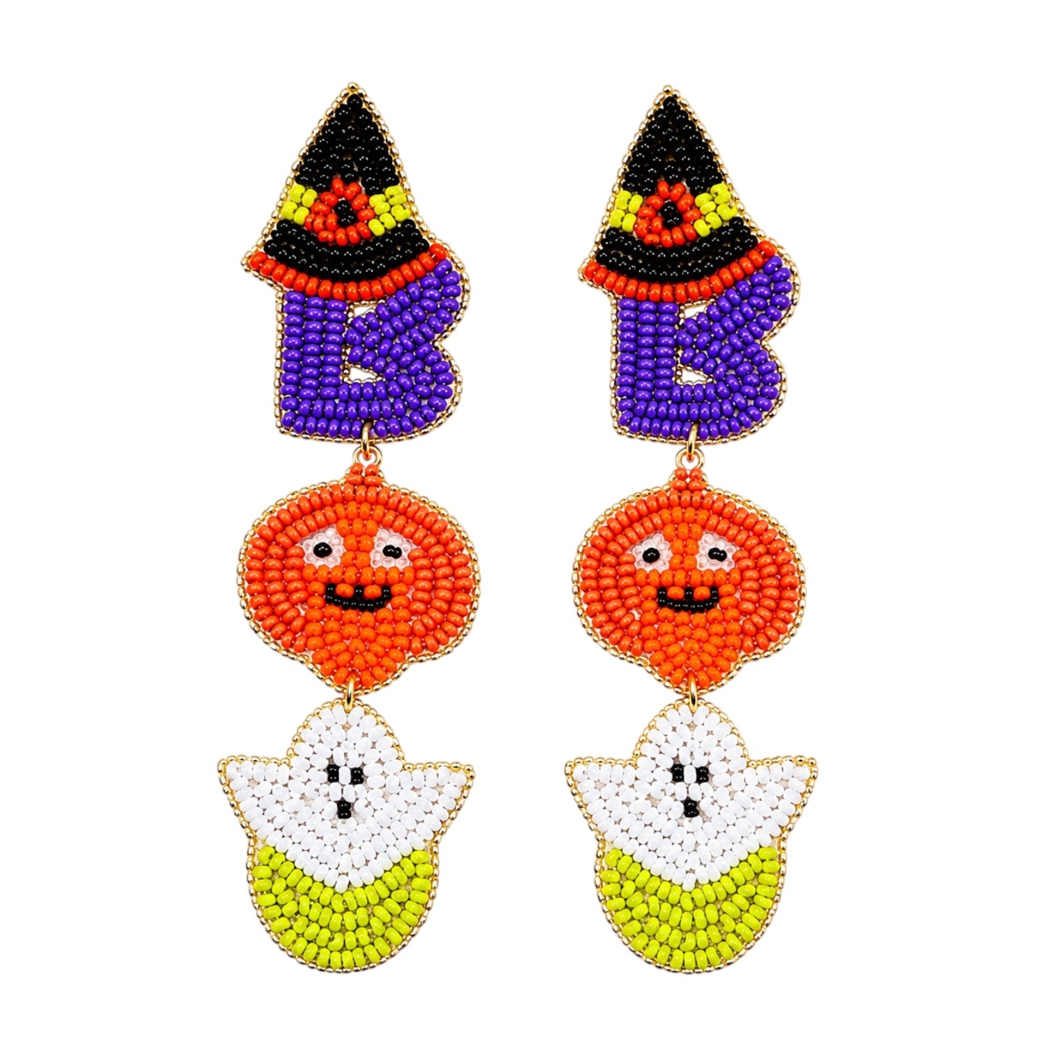 A pair of beaded drop earrings featuring a purple letter 'B' with a black witch hat, an orange pumpkin face, and a white and yellow ghost, shown on a plain white background.