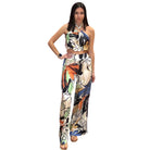 Woman wearing a colorful floral outfit on a white background