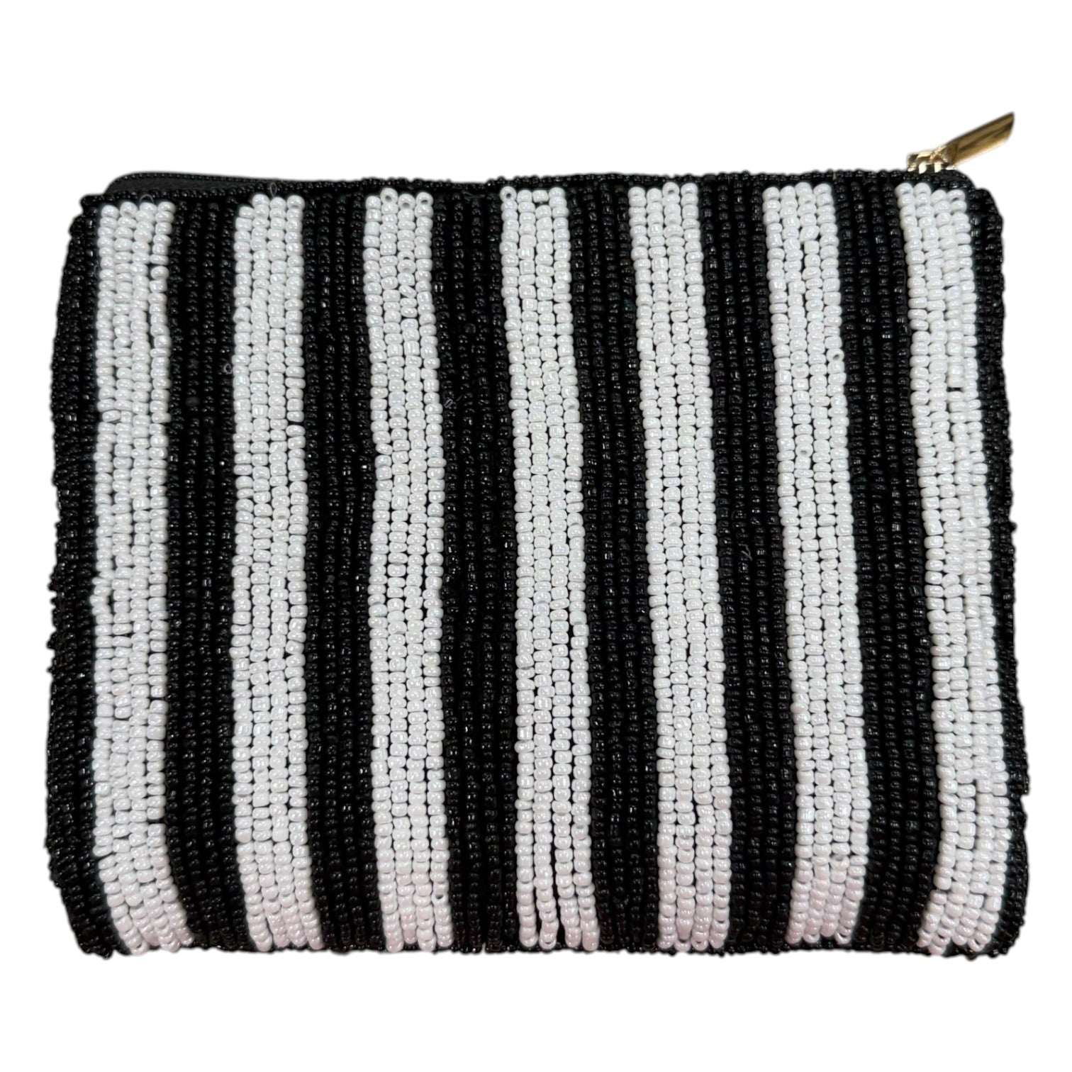 Black and white striped pouch with a gold zipper on a white background