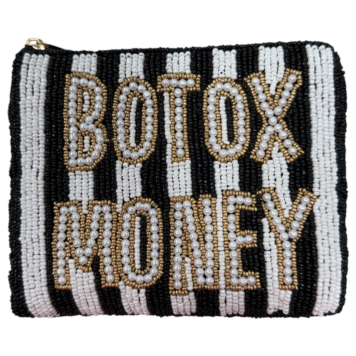 Beaded pouch with 'Botox Money' text on a black and white striped background