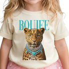 Child wearing a t-shirt with a leopard graphic and 'BOULIE' text on a white background