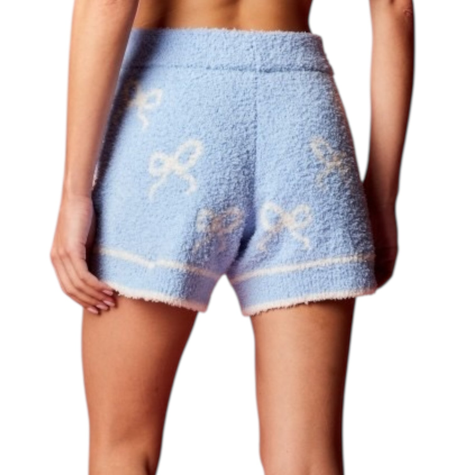 Light blue shorts with white patterns on a white background