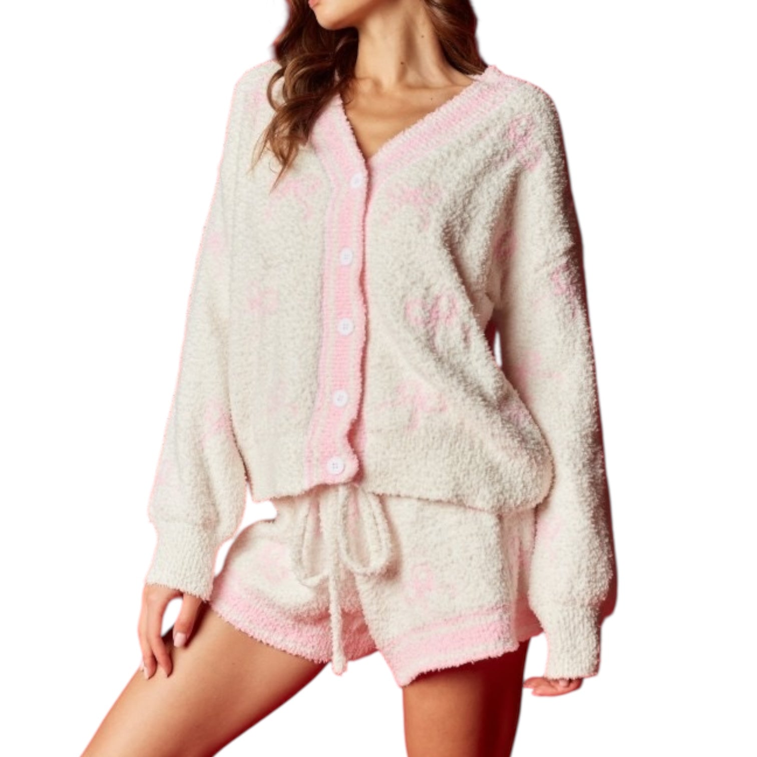 Fluffy pink and white set on a white background