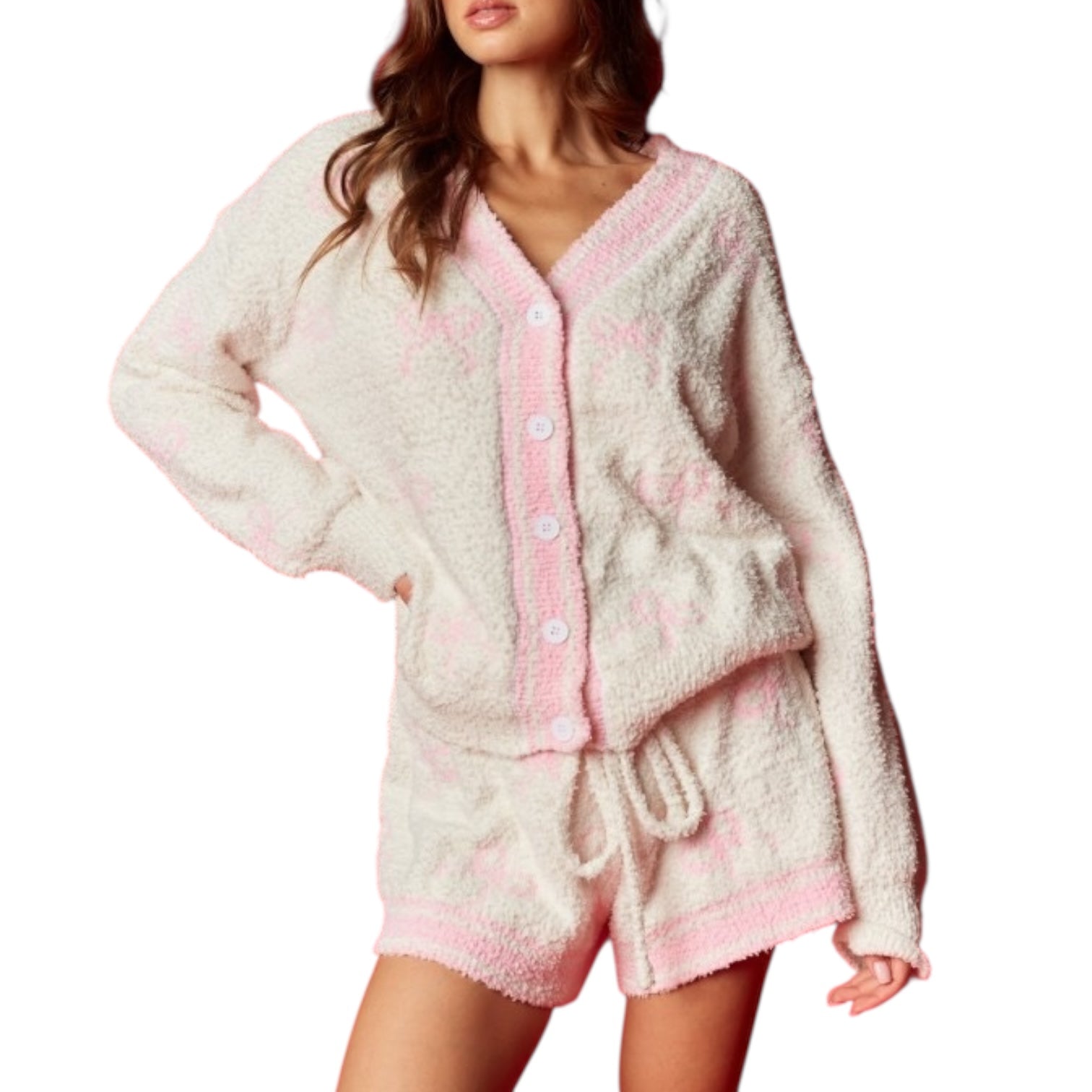 Fluffy pink and white set on a model against a white background