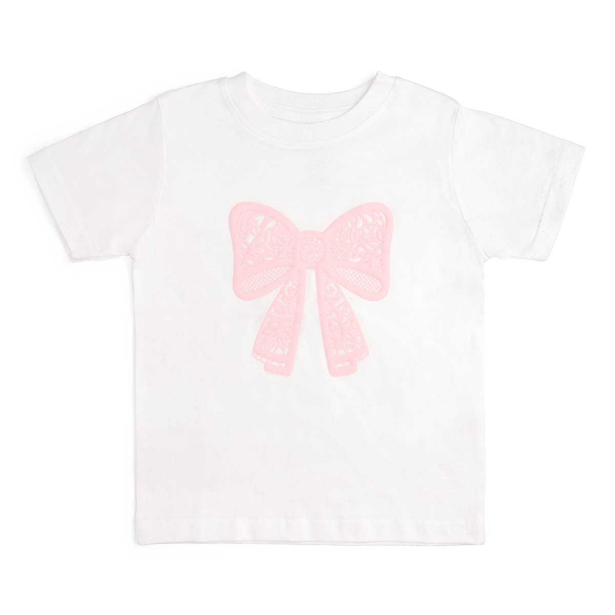 White t-shirt with a pink bow design on a white background