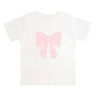 White t-shirt with a pink bow design on a white background