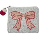 Beaded pouch with a pink bow design on a white background