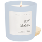 Candle with a label reading 'Boy Mama' by Sweet Water Decor on a white background