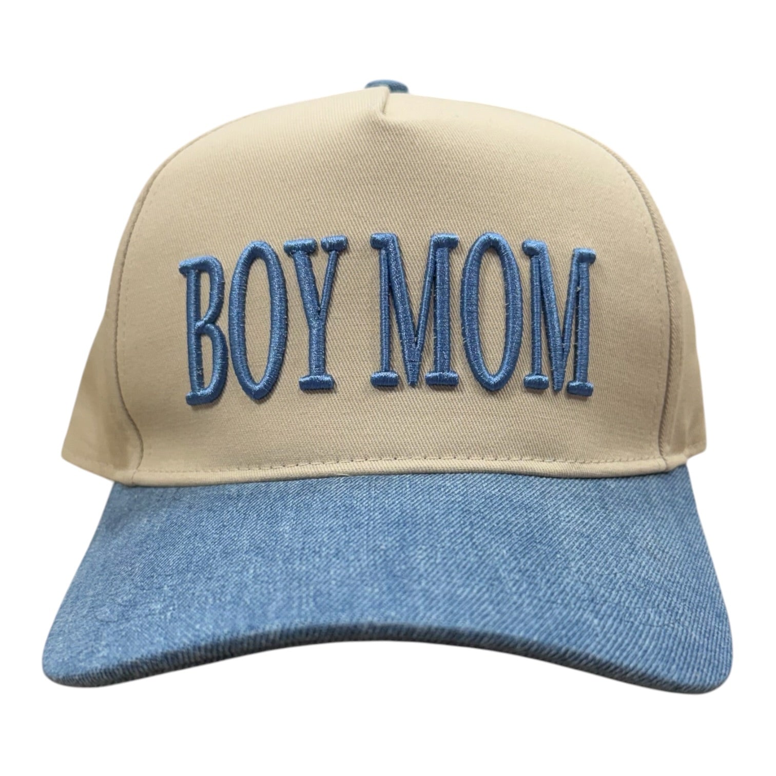 Beige and blue cap with 'BOY MOM' text on a white background