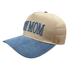 Beige and blue cap with 'BOY MOM' text on a white background