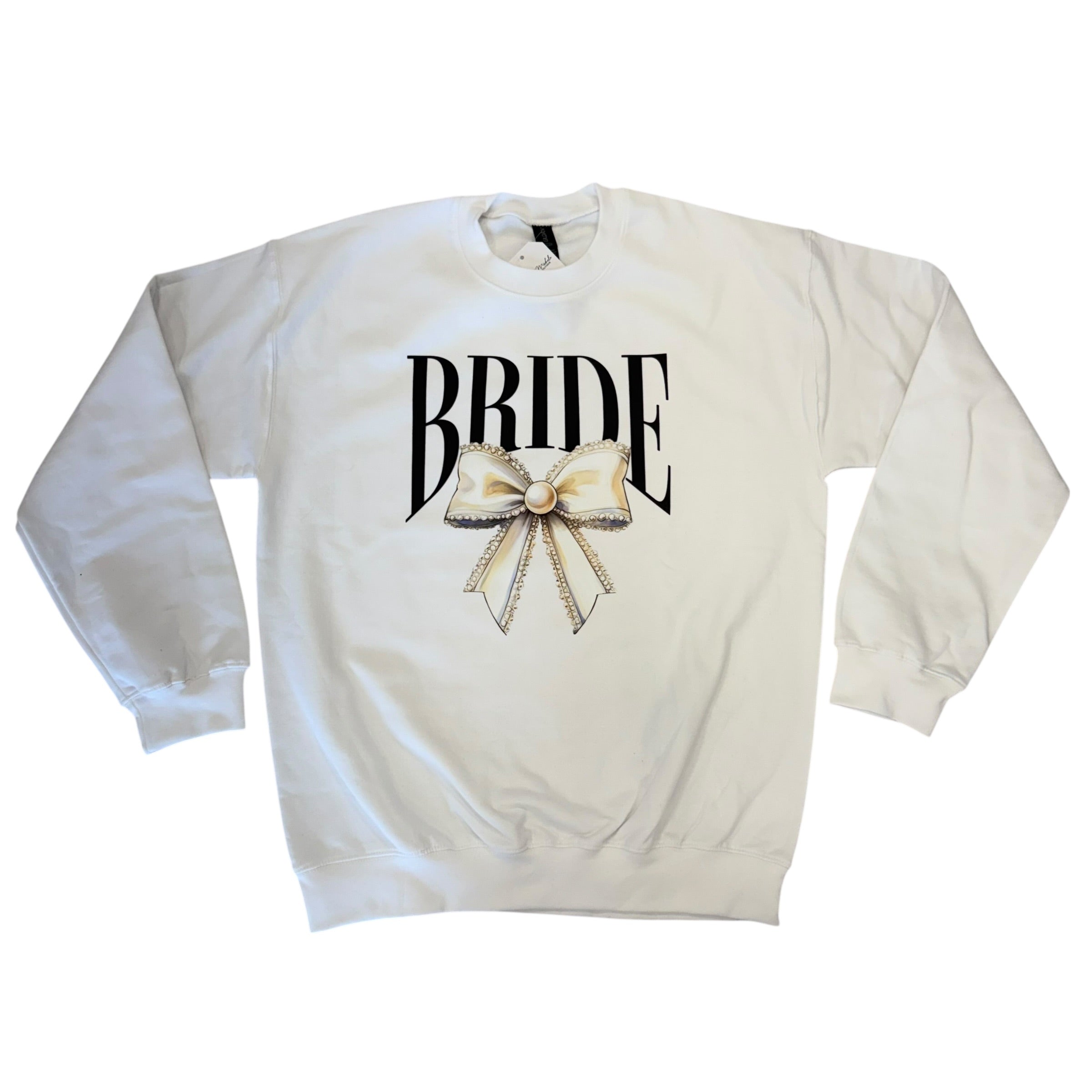 White sweatshirt with 'BRIDE' text and a decorative bow design.