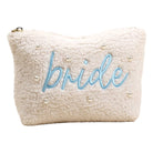 Beige pouch with 'bride' embroidered in blue on a white background