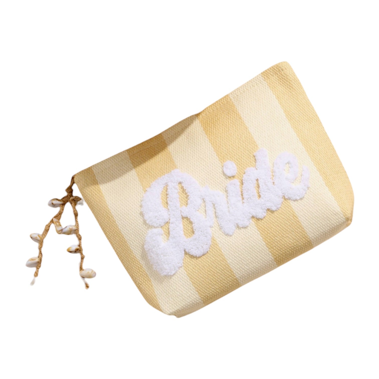 Yellow striped pouch with 'Bride' embroidery on a white background