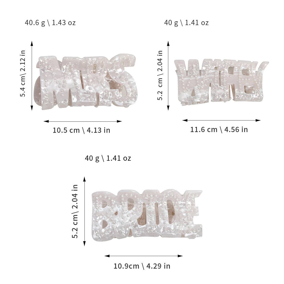Measurement chart of decorative letters 'MRS, 'WIFEY', and 'BRIDE' on a white background.