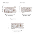 Measurement chart of decorative letters 'MRS, 'WIFEY', and 'BRIDE' on a white background.