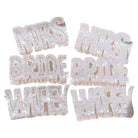Set of decorative letters spelling 'MRS.', 'BRIDE', 'WIFEY' on a white background