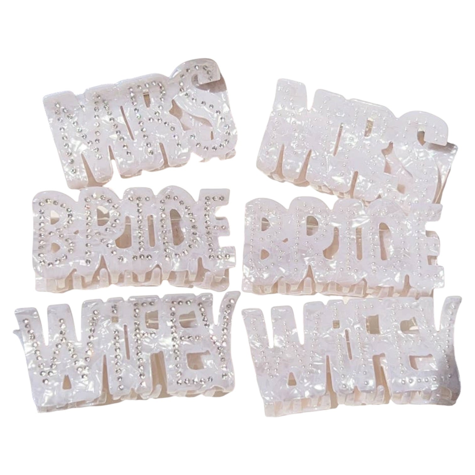 Set of decorative letters spelling 'MRS.', 'BRIDE', 'WIFEY' on a white background