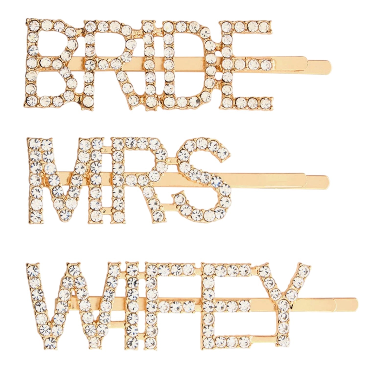 Three gold hair pins with 'BRIDE', 'MRS.', and 'WIFEY' text on a white background