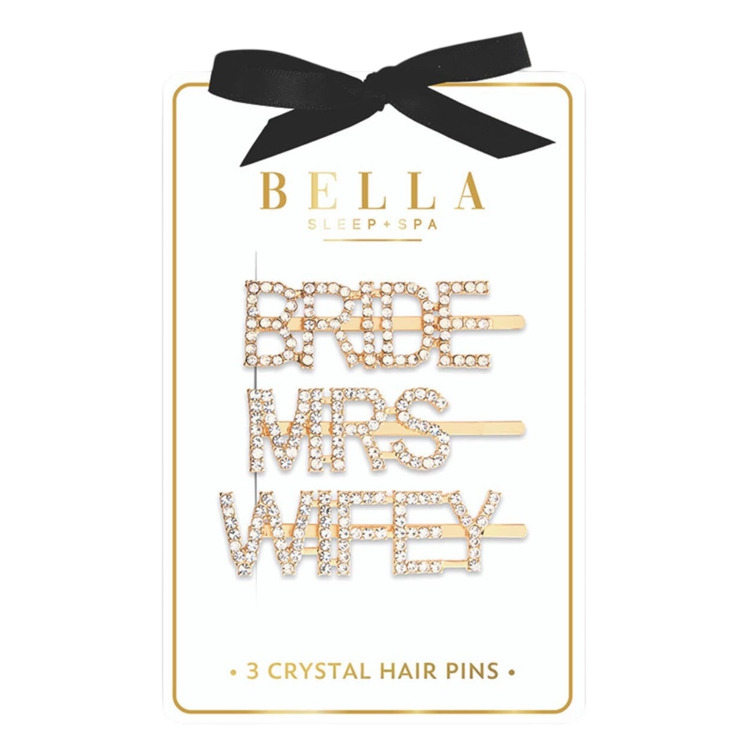 Set of three crystal hair pins labeled 'Bride', 'Mrs.', and 'Wifey' by Bella on a white background.
