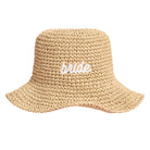 Beige straw hat with 'bride' embroidery on a white background