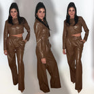 Woman wearing a brown leather outfit in three different poses on a white background