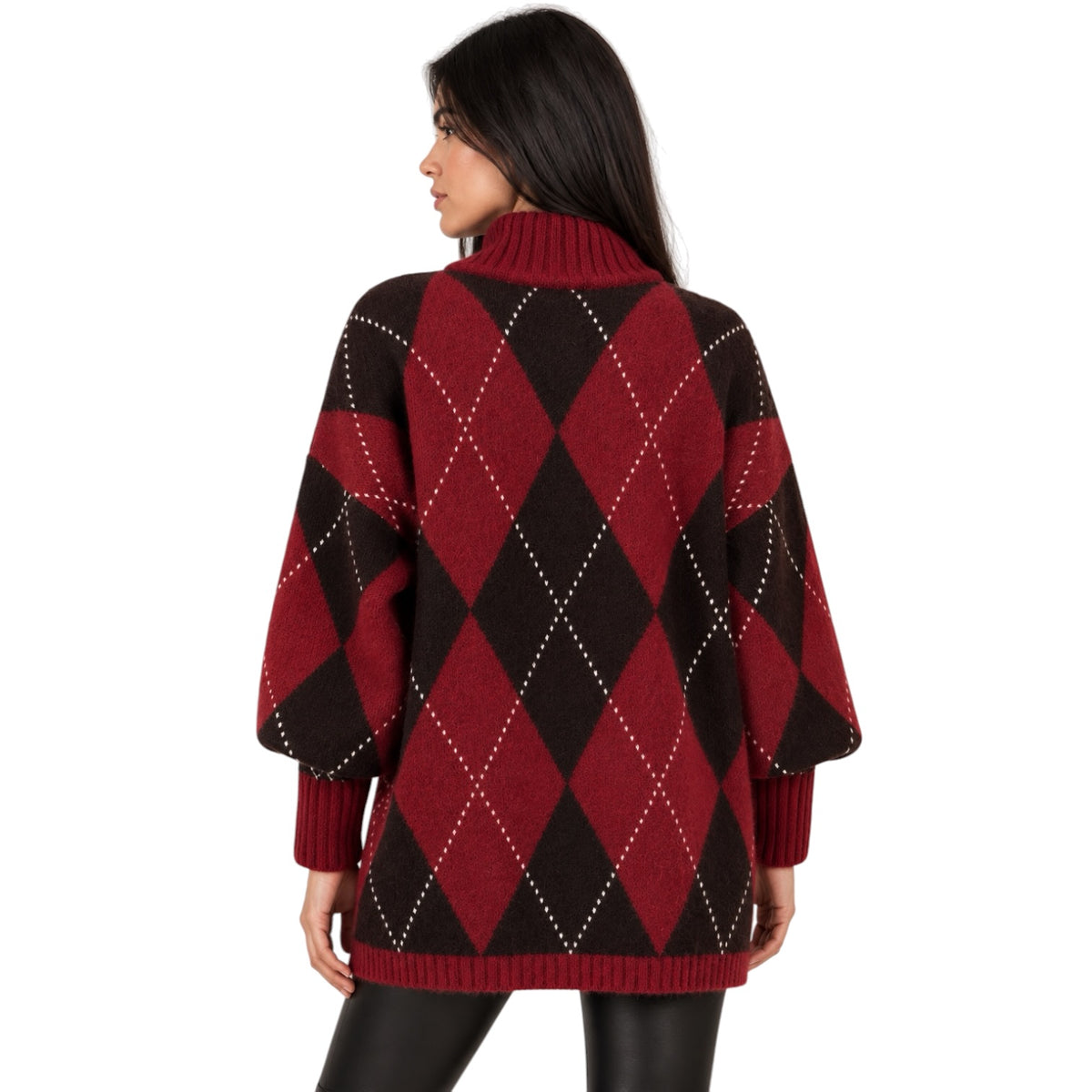 A woman shown from the back wearing a red and black argyle knit turtleneck sweater with white dotted diamond lines, set against a plain white background.