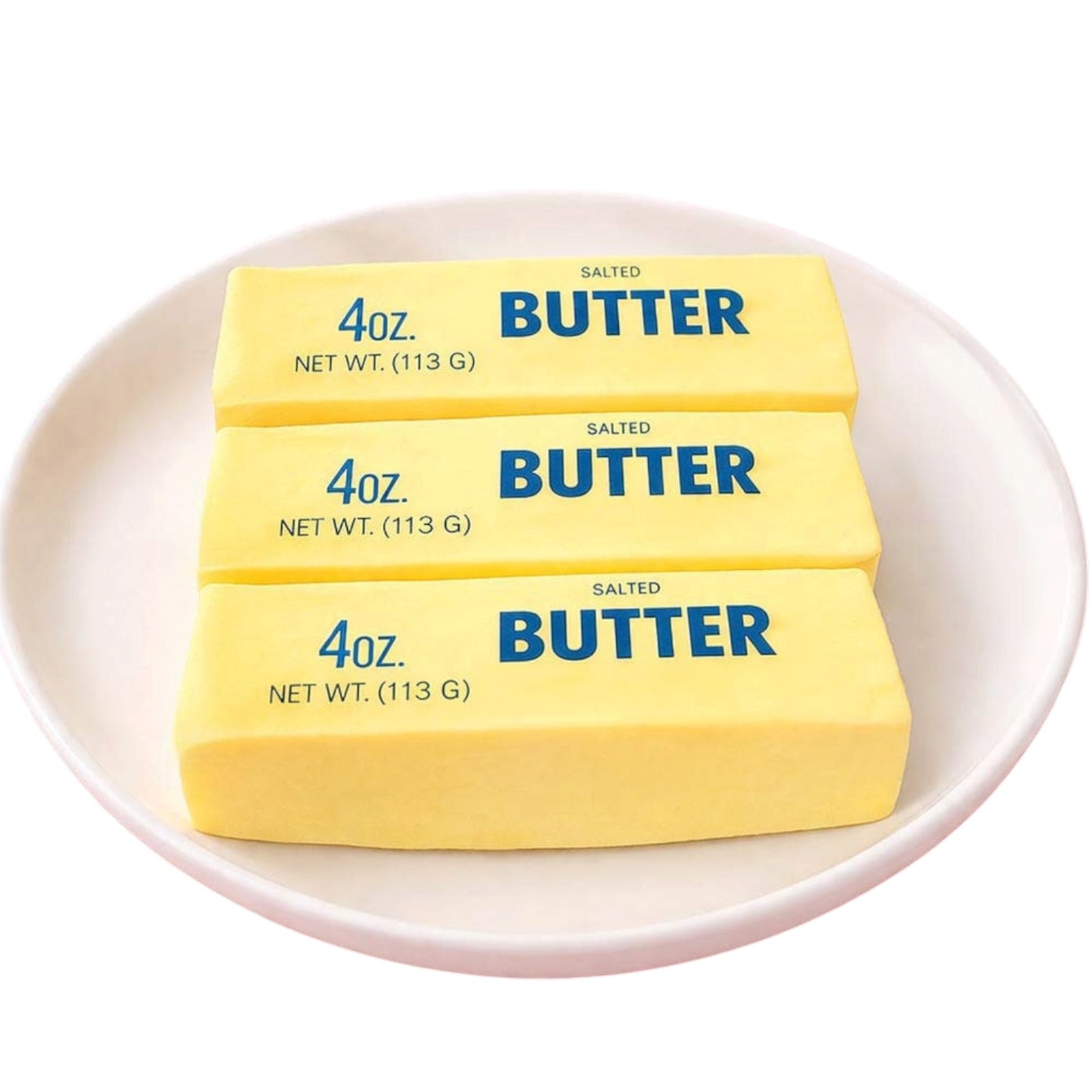 Three sticks of butter on a white plate with 'Butter' branding.