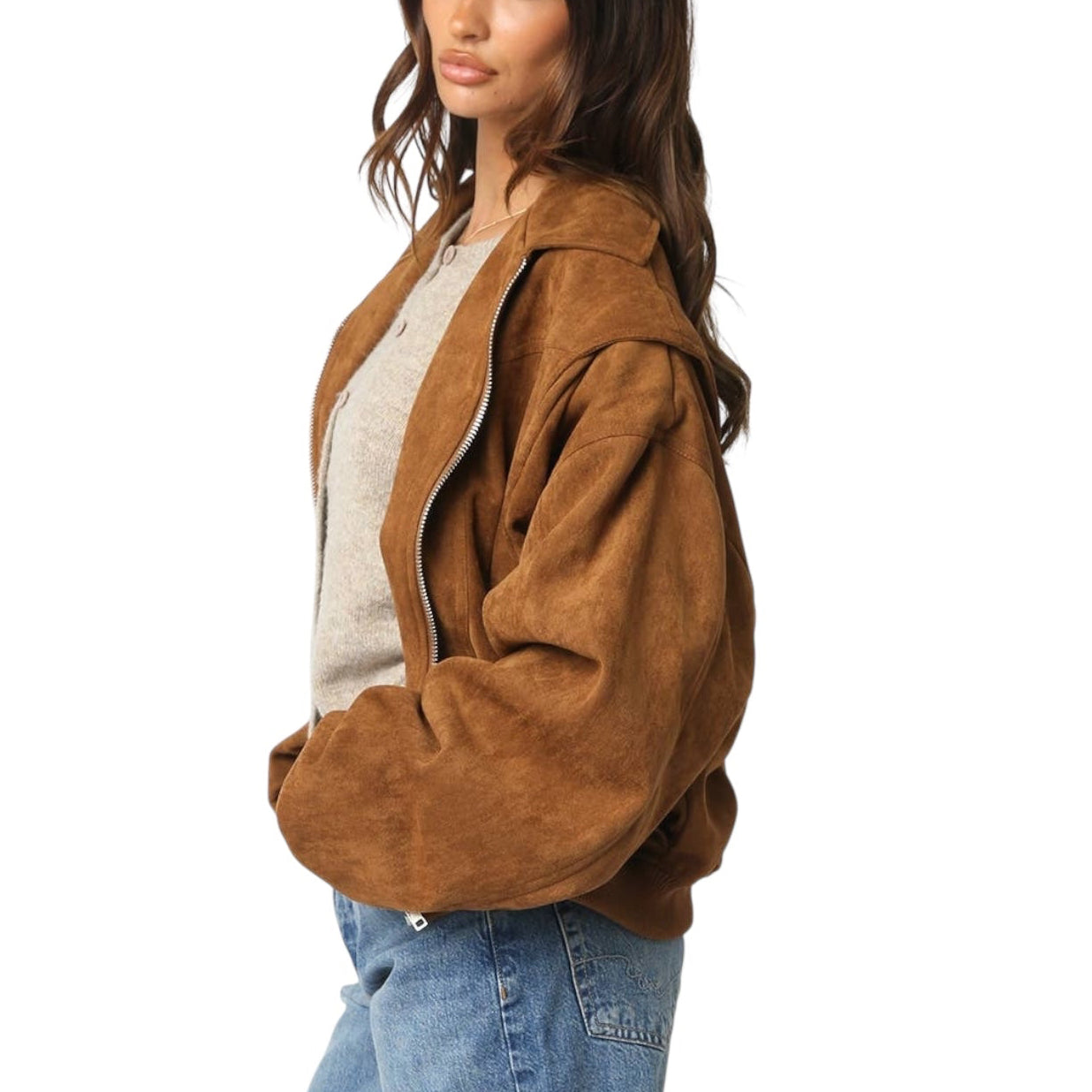 Woman wearing a brown jacket on a white background