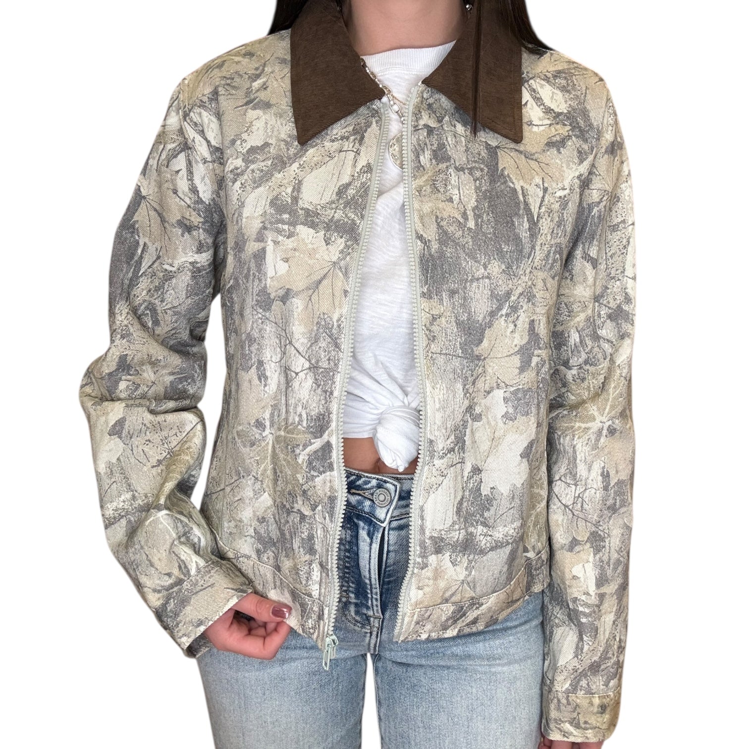 Camouflage jacket worn by a person on a white background