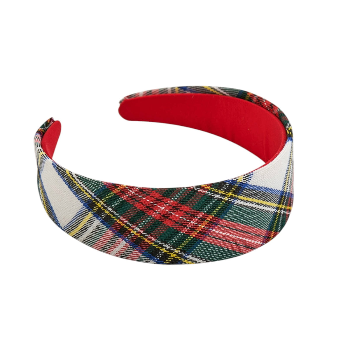A wide fabric headband featuring a classic tartan plaid pattern in green, red, white, and yellow, with a solid red inner lining, shown on a plain white background.