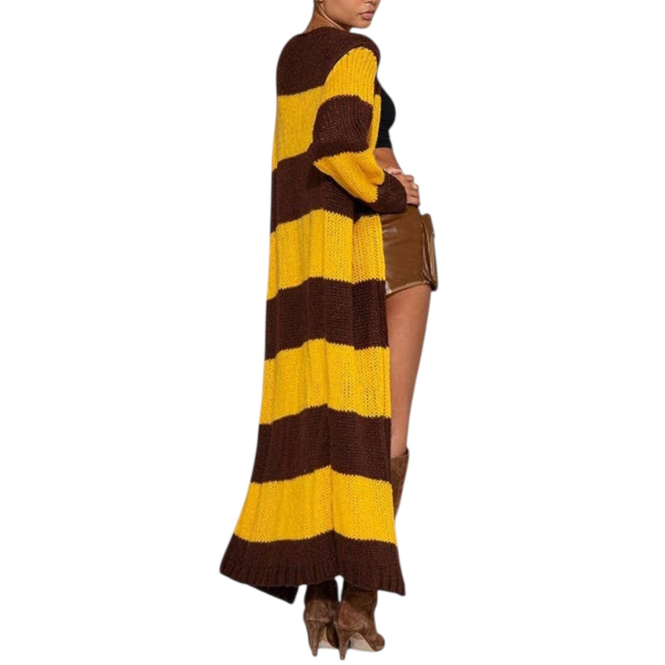 Woman wearing a long brown and yellow striped cardigan on a white background