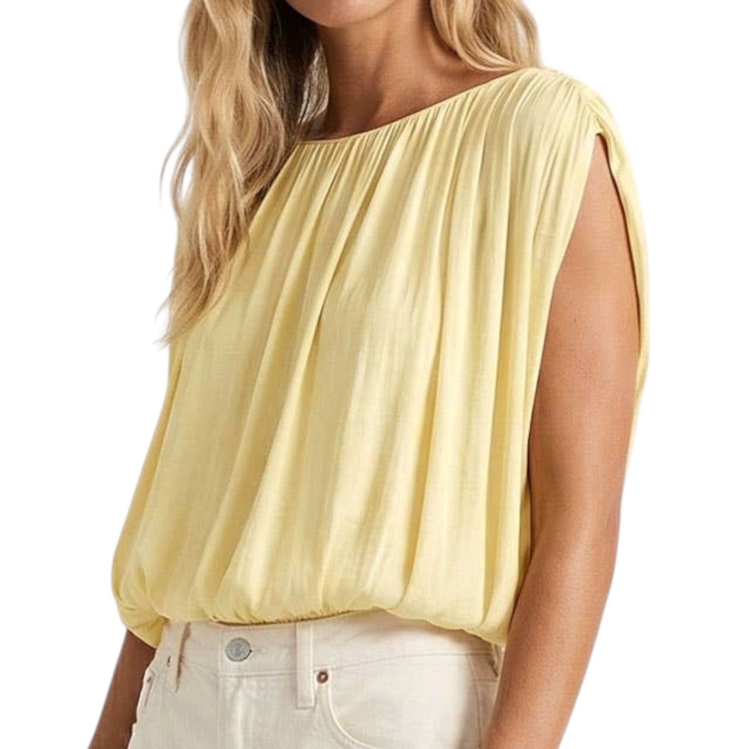 Yellow sleeveless top worn by a person on a white background