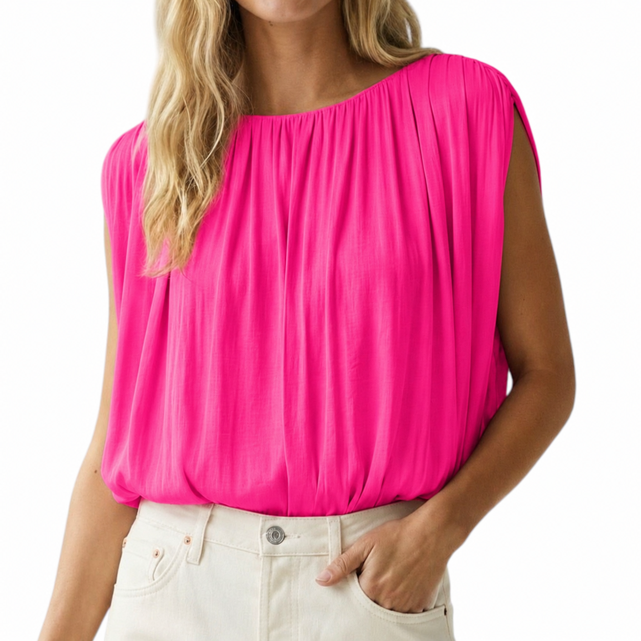 Person wearing a bright pink sleeveless top on a white background