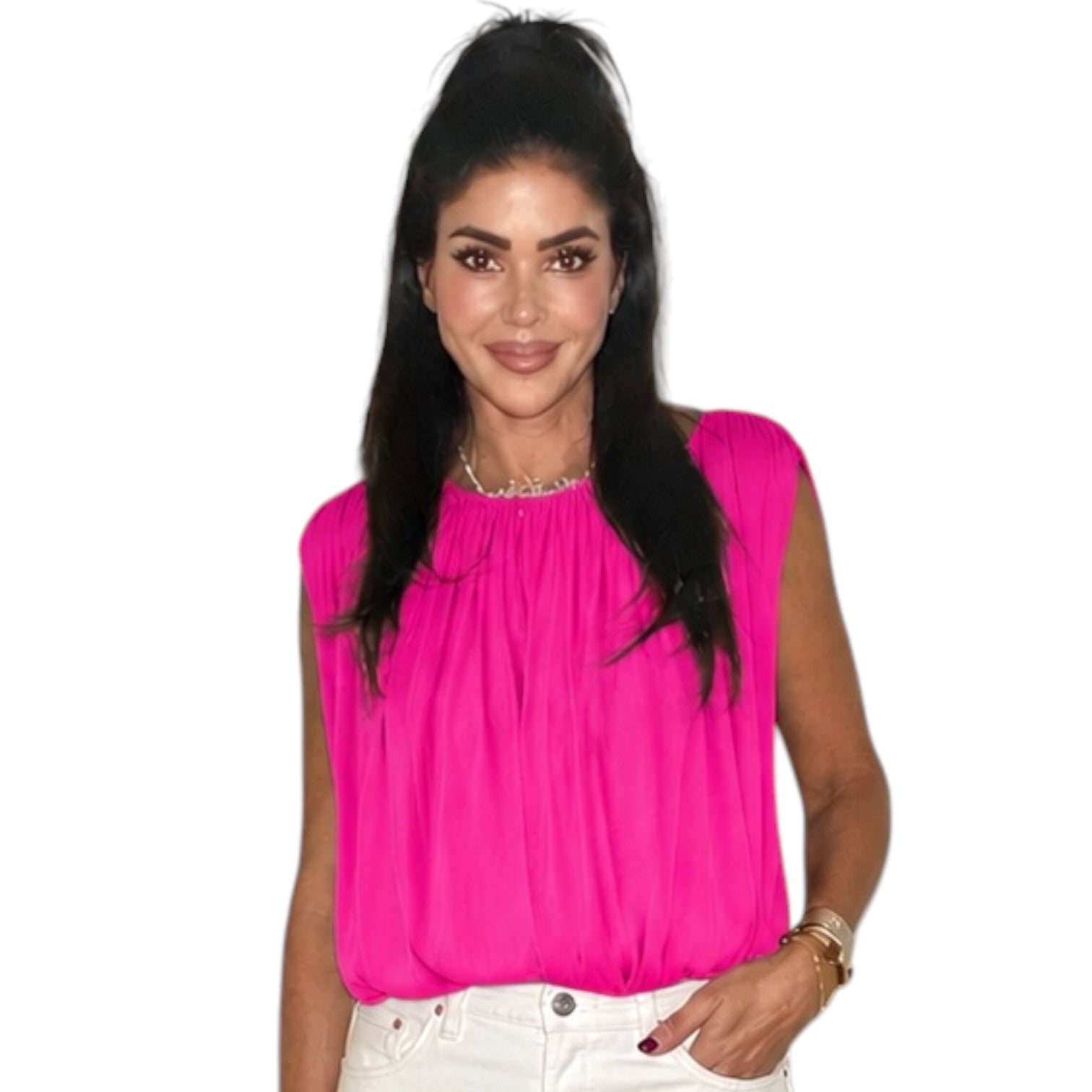Woman wearing a bright pink sleeveless top on a white background