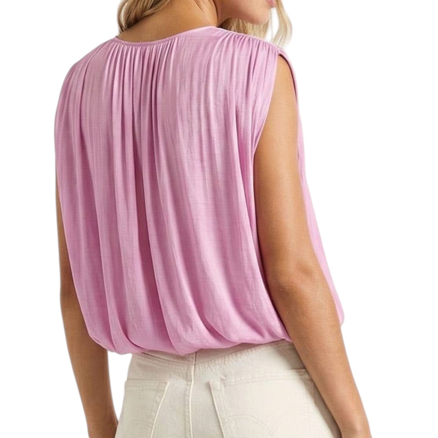 Person wearing a lilac sleeveless top on a white background