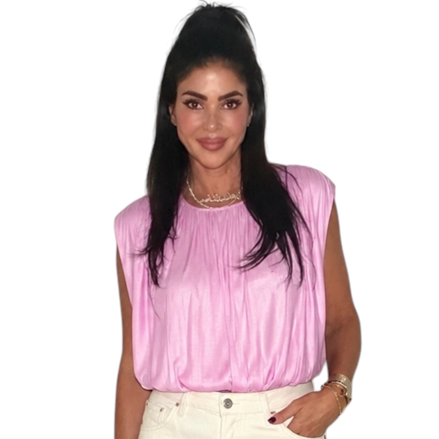 Person wearing a lilac sleeveless top on a white background