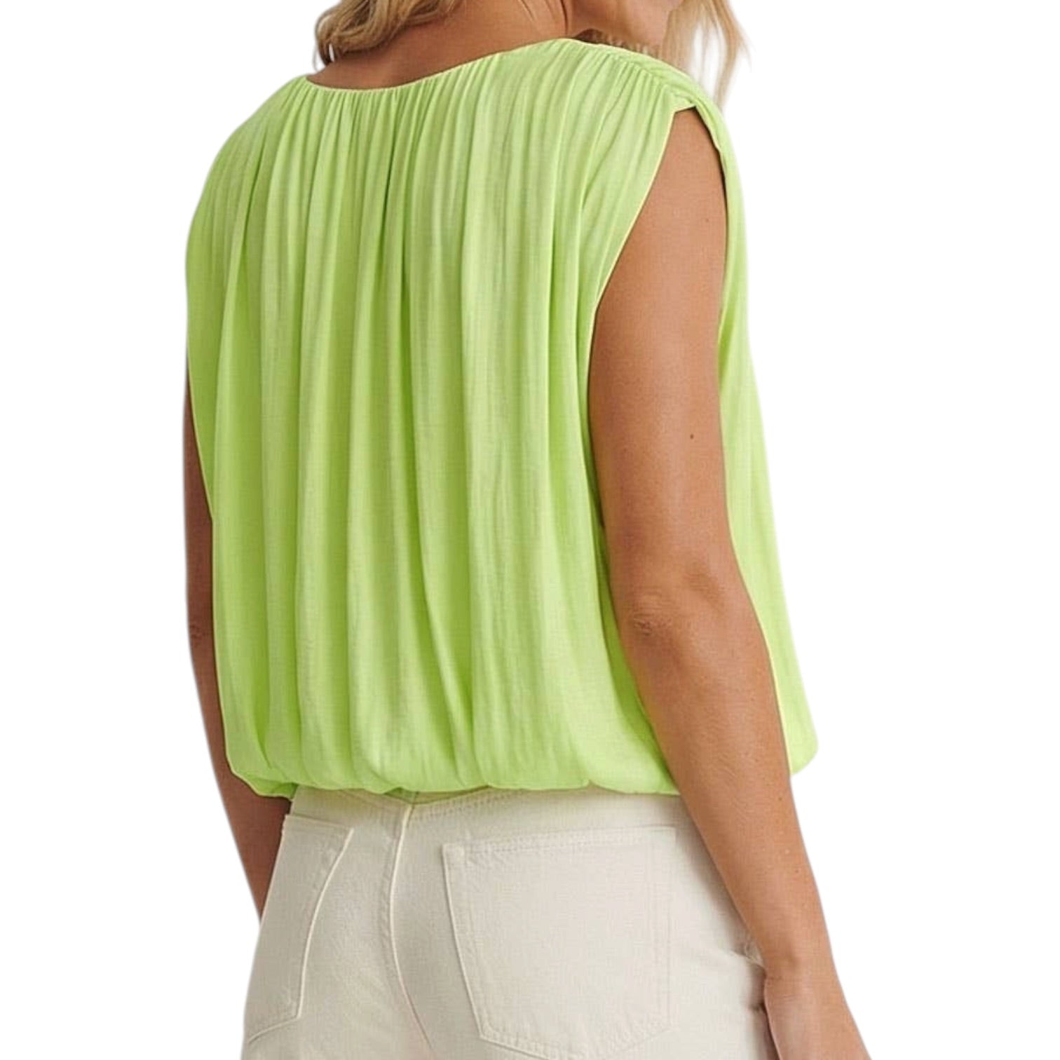 Light green sleeveless top worn by a person on a white background
