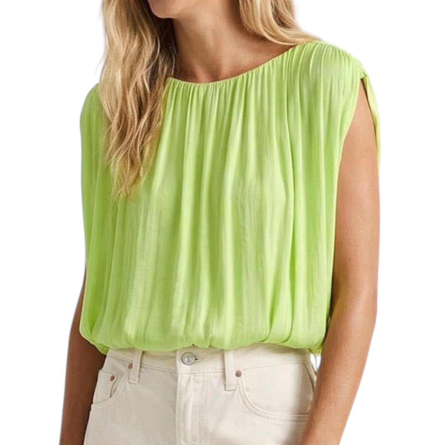 Woman wearing a light green sleeveless top on a white background