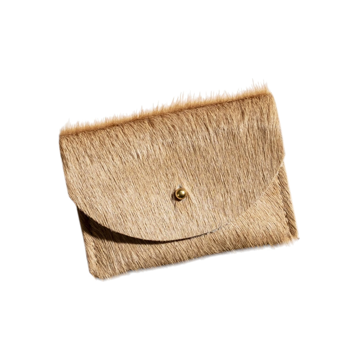 A small brown hair-on-hide cardholder with a gold snap button closure, shown on a plain white background.