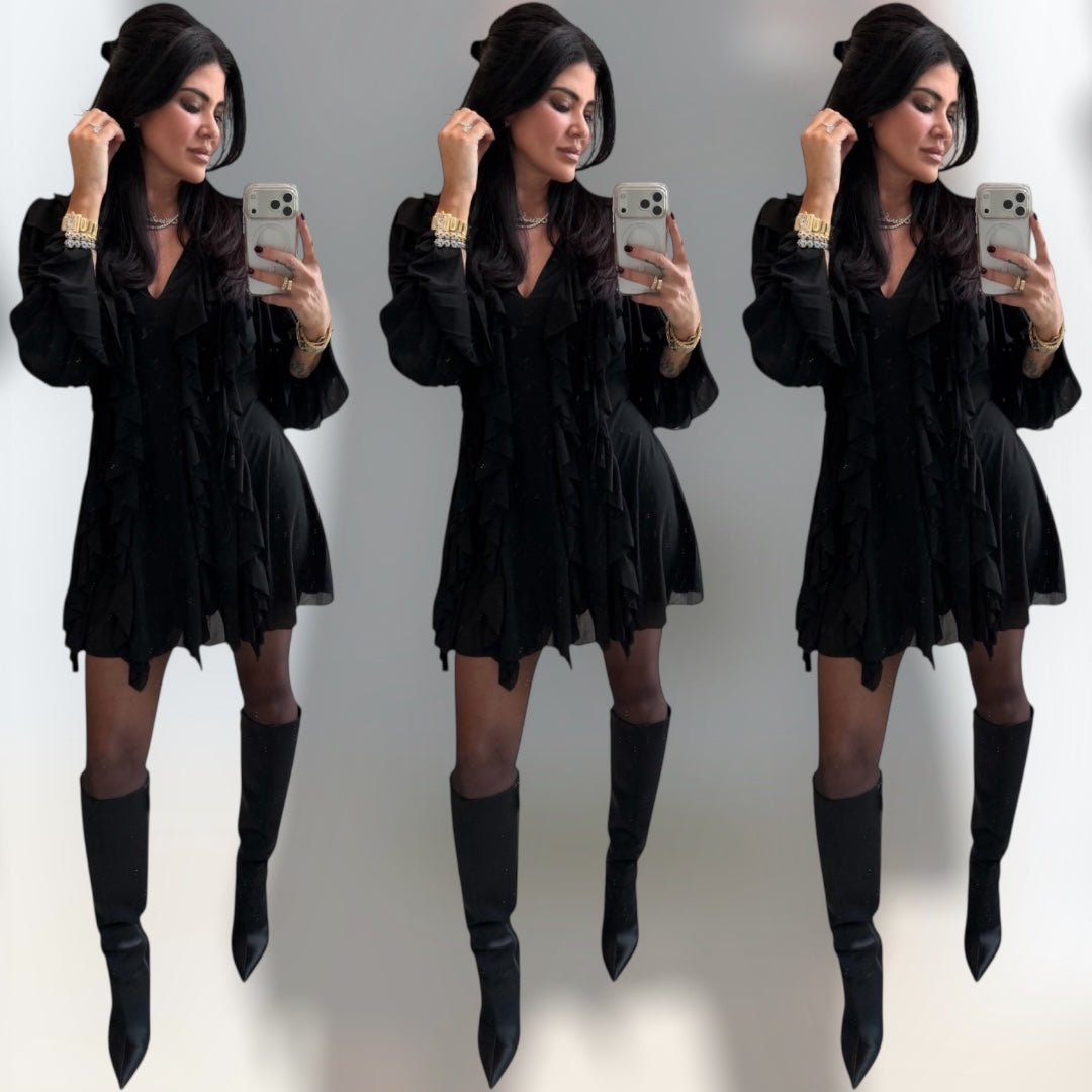 Three identical images of a woman in a black romper and knee-high boots holding a phone.