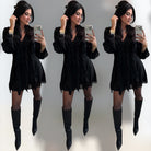 Three identical images of a woman in a black romper and knee-high boots holding a phone.