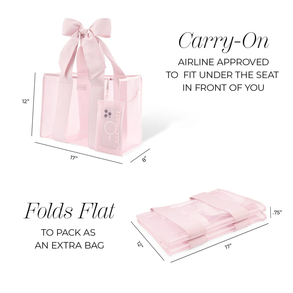 Pink tote bag with a bow, folded flat, and dimensions displayed on a white background.