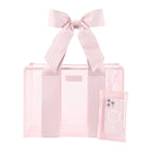A light pink transparent tote bag with a large satin bow on the handle, shown on a clean white background. A matching translucent phone case with the CASE HATE logo is placed in front of the bag.