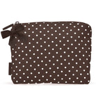 A brown zippered pouch with a white polka dot pattern and a matching brown ribbon bow on the left side, shown against a plain white background.